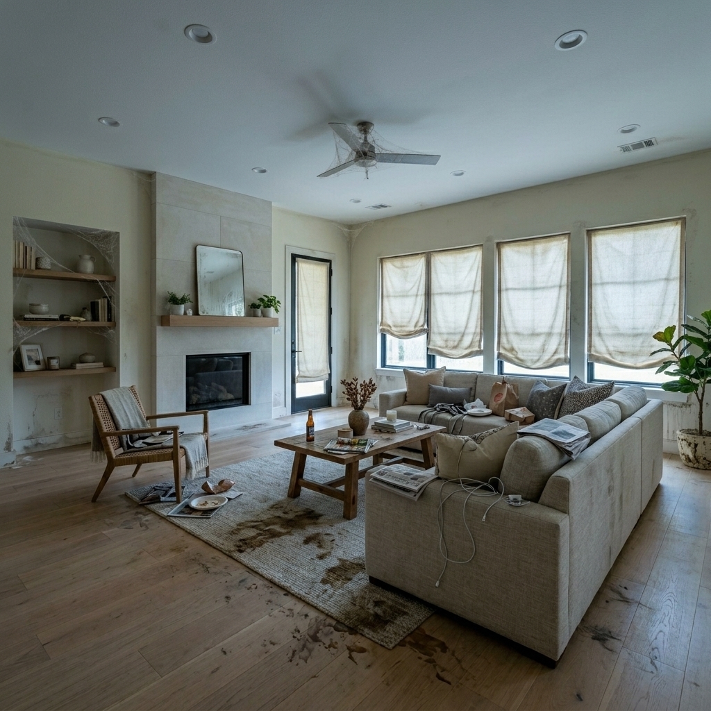 Residential living room before cleanup